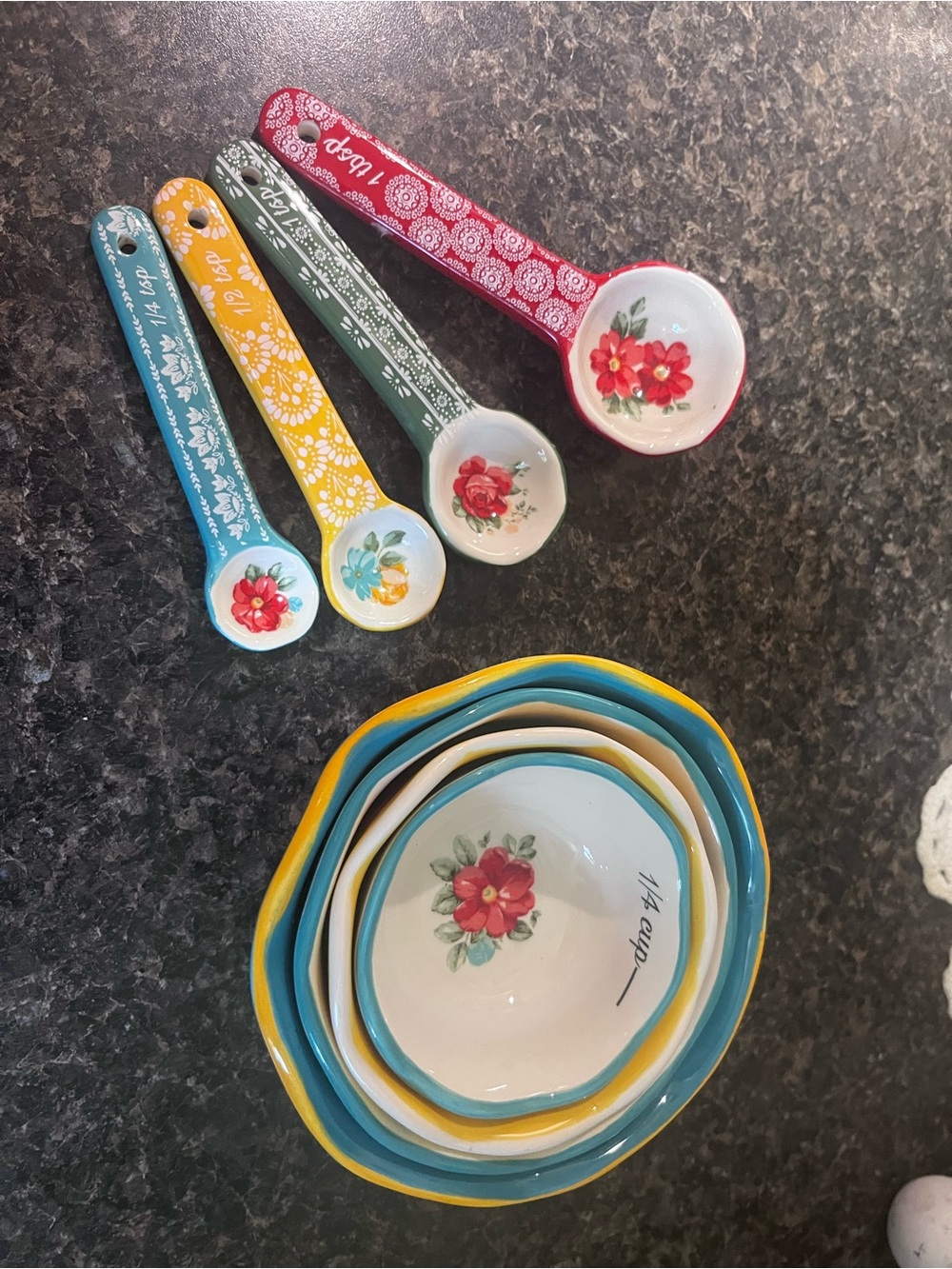 Decorative Floral Ceramic Measuring Spoon and Bowl Set - Multicolor